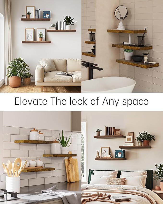 BAYKA Floating Shelves for Wall, 22.5 Inch Rustic Wood Wall Mounted Shelving for Bathroom, Bedroom, Living Room, Kitchen & Book, Hanging Display Decor Shelf with 22 lbs (Rustic Brown,Set of 3)