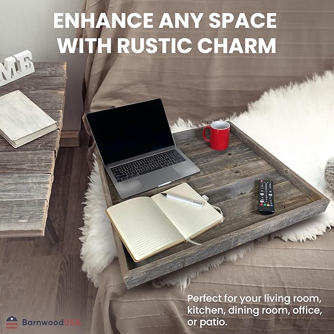 Wooden Ottoman Tray with Felt Pad – Decorative Couch Serving Tray Made with Real Rustic Reclaimed Wood - Perfect for Living Room Ottomans, Sofas, & Coffee Tables -24" x 24" - Natural Weathered Gray