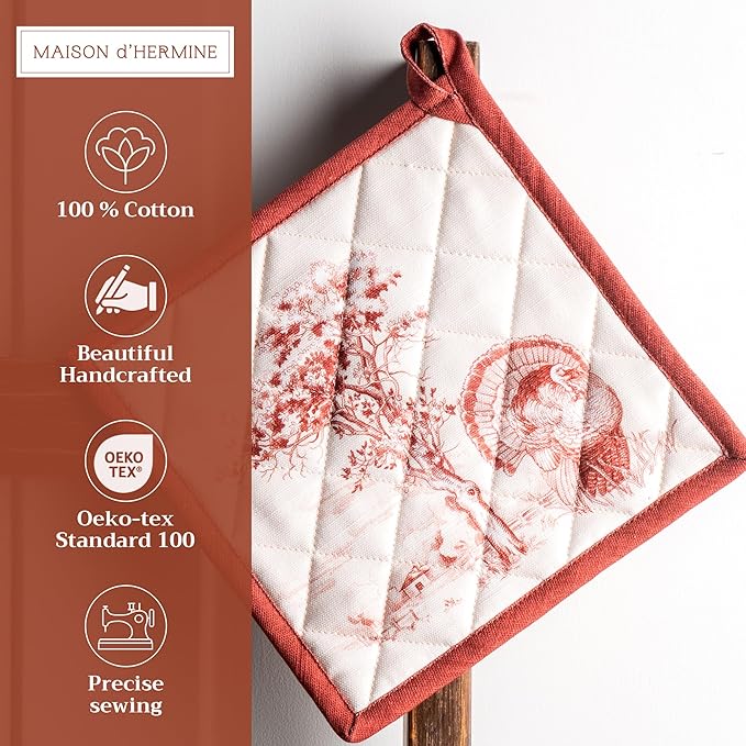 Maison d' Hermine Pot Holders 100% Cotton Heat Resistant Potholders 8" x 8" Hot Pads with Loop for Thanksgiving Christmas Decorations BBQ Cooking Baking Handling Hot Pans (Pack of 1, Holy Jouy - Red)