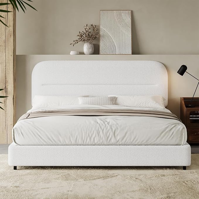 HOMBCK Full Size Bed Frame, Boucle Upholstered Bed Frame Full with Headboard and Thickened Footboard, Rounded Corners, No Box Spring Needed, Easy Assembly, White