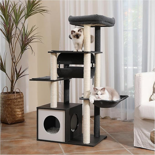 52" Modern Cat Tree for Large Cats, Wooden Cat Tower with Fully Sisal Covered Scratching Posts, Luxury Cat Furniture with Spacious Perch, Super Large Hammock, Cozy Condo and Swing Tunnel Black