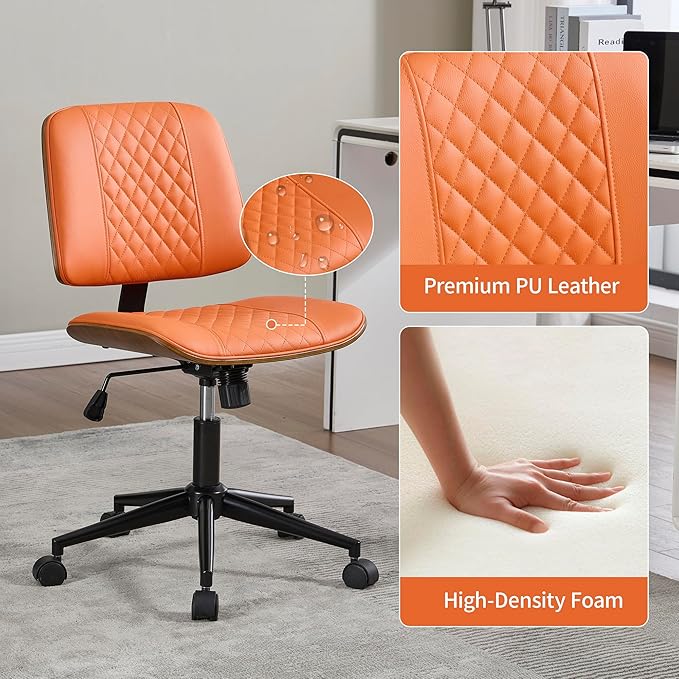 Small Home Office Chair - Armless Mid Back Desk Chair with 360° Swivel and Wheels, PU Upholstered Height Adjustable Modern Walnut Computer Chair for Home, Office Meeting Room - Orange