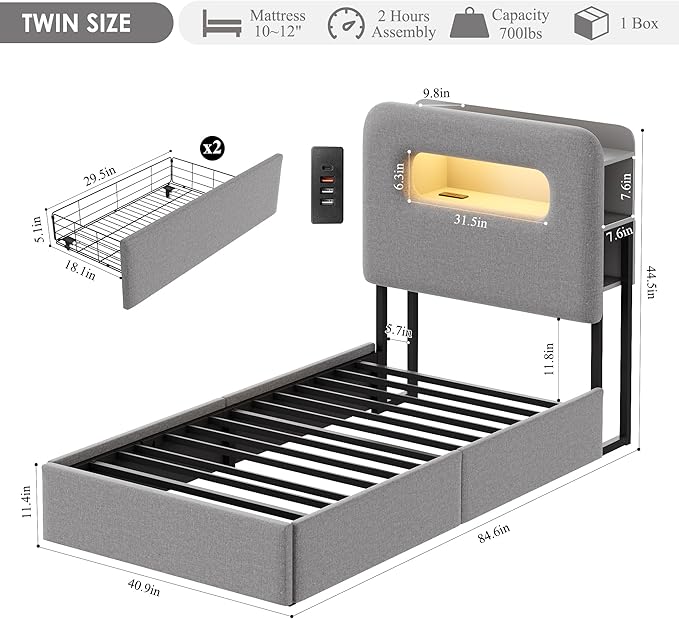 HOSTACK Twin LED Bed Frame with Storage Headboard and Charging Station, Boys Bed Frame with 2 Drawers and USB Ports, Velvet Upholstered Platform Bed Frame with Bookcase, No Box Spring Needed, Grey