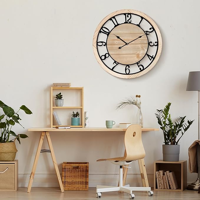 Maxstar 30'' Wall Clock for Living Room Decor, Silent Rustic Wooden Farmhouse Wall Clock with Metal & Real Wood Frame, Battery Operated, for Kitchen Bedroom Office, Arabic Numerals