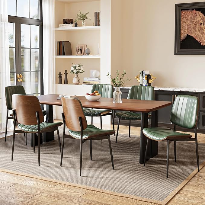 Modern Green Leather Dining Chair Set of 6, Bentwood Backrest & Black Metal Frame Ergonomic Comfort, Sustainable Style, Multi-Space Versatile, Green