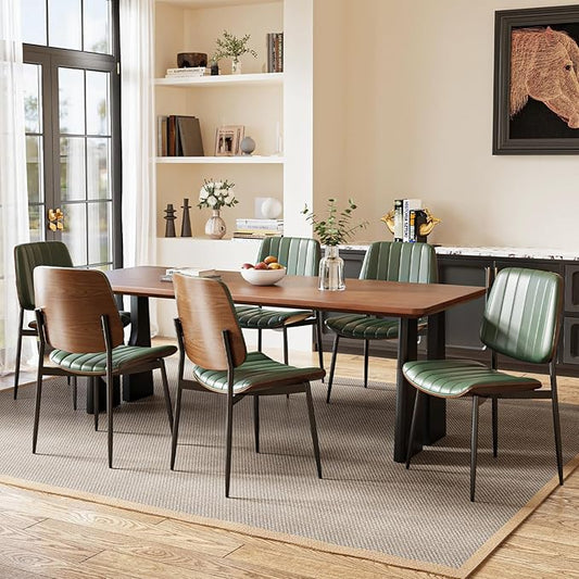 Modern Green Leather Dining Chair Set of 6, Bentwood Backrest & Black Metal Frame Ergonomic Comfort, Sustainable Style, Multi-Space Versatile, Green
