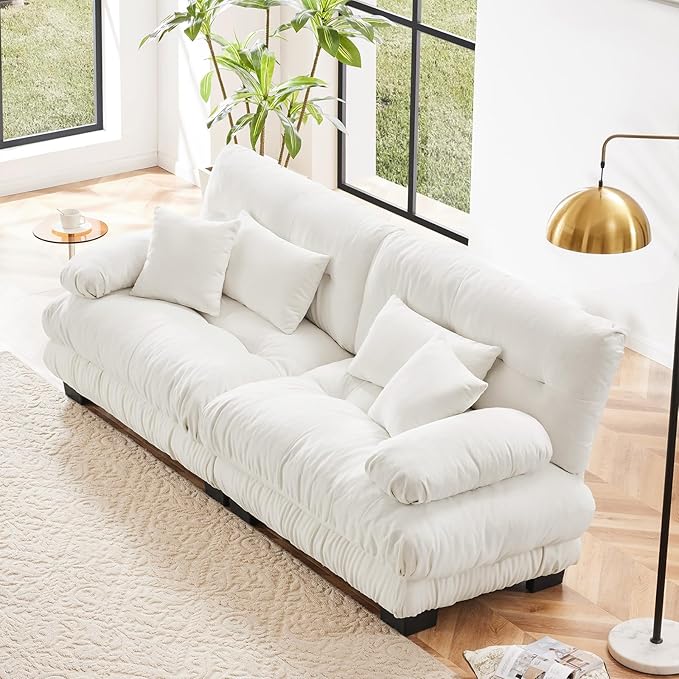 94.4” Loveseat Sofa, 2 Seater Modular Sectional Sofa, White Large Sectional Fluffy Couch Set, Chenille Cloud Couch with 4 Pillows, Deep Seat Sofas for Living Room