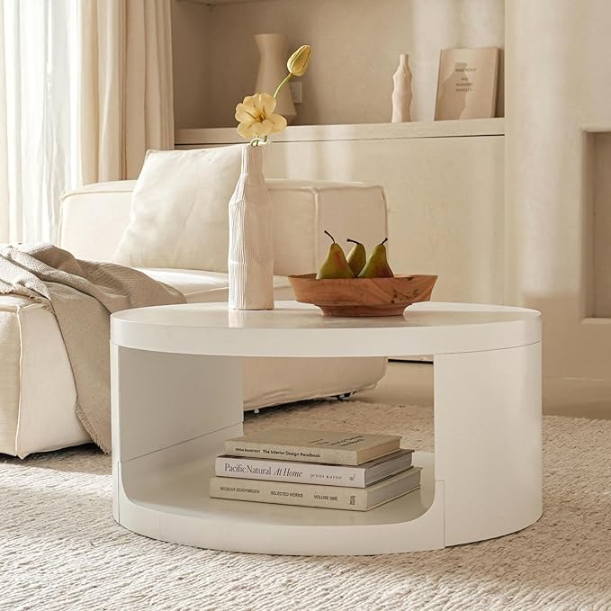 Round Coffee Table with Storage, 31.5" Modern Living Room Table, 2 Tier Circle Wood Center Tables for Apartment, Living Room, Open-Style Storage White Coffee Tables, 31.5"*15.7"(White)