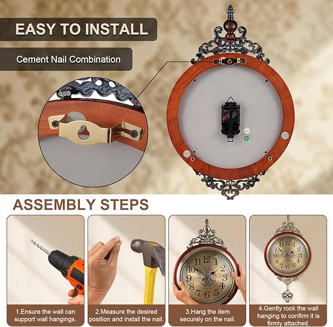 Vintage Wall Clock with Pendulum, 14 Inch Dial Diameter, 26.8 Inch Overall Height, Large Retro Metal and Glass Silent Clock for Living Room, Antique Wood Pendulum for Dining Room Office Home Decor