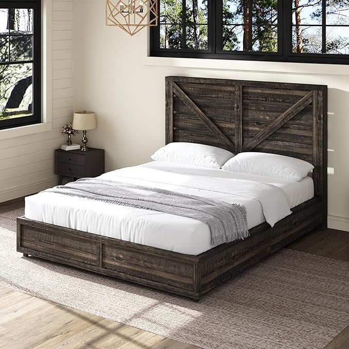 AMERLIFE Full Size Farmhouse Bed Frame with 4 Drawers, Wooden Storage Bed Frame with Headboard and Heavy Duty Metal Slats, Noisy Free, Easy Assemble, Rustic Black