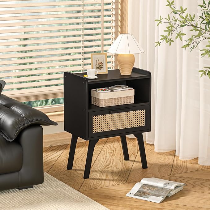 Lerliuo Rattan Nightstands Set of 2, Bedside Table with Drawer Open Shelf, Cane Accent Side End Table with Solid Wood Legs, Black Mid Century Night Stand for Bedroom, Dorm and Small Spaces