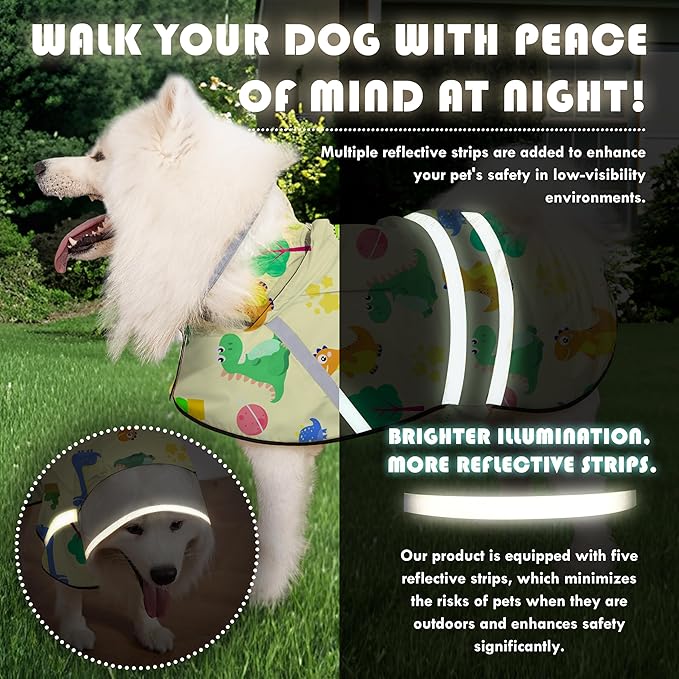 Dog Raincoat, Adjustable Dog Rain Jacket with Clear Hooded Double Layer for Large Medium Small Dogs Puppies, Waterproof Rain Coat Poncho Dinosaurs, Yellow-M
