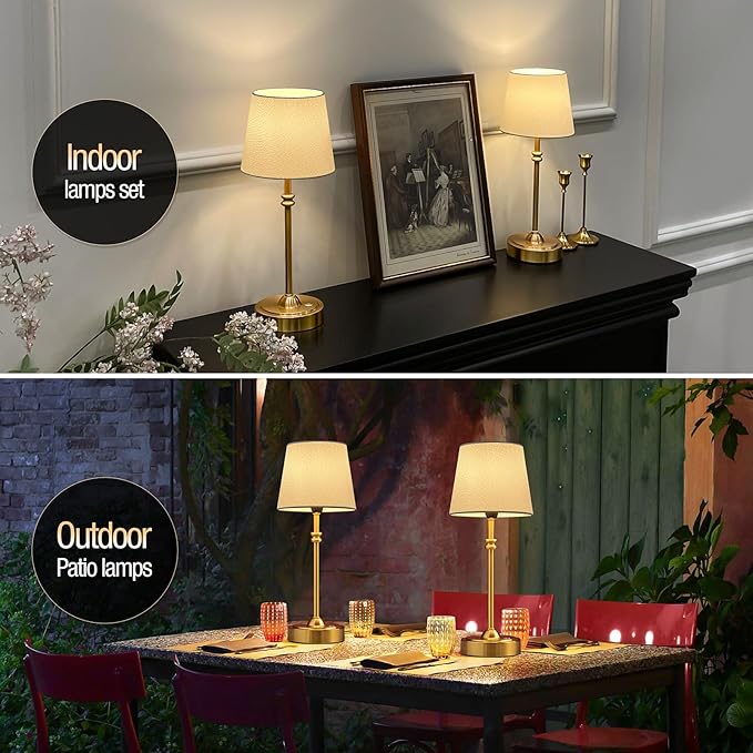 ONEWISH Cordless Table Lamps Set of 2 - Battery Powered Lamp, 4000mAh Rechargeable, Stepless Dimmable, Wireless Lamp with Fabric Shade, 2700K Warm Ambient Light for Dining, Patio, Bathroom(Gold)