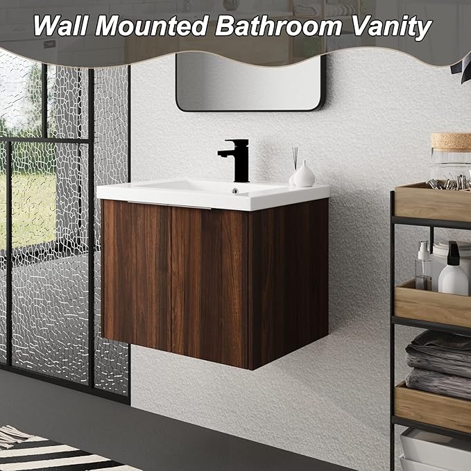Goujxcy 24" Wall Mounted Bathroom Vanity with Sink, Modern Floating Bathroom Cabinet with White Resin Wash Basin & Storage Cabinet, Soft-Close Door Wood Hanging Bath Room Cabinet