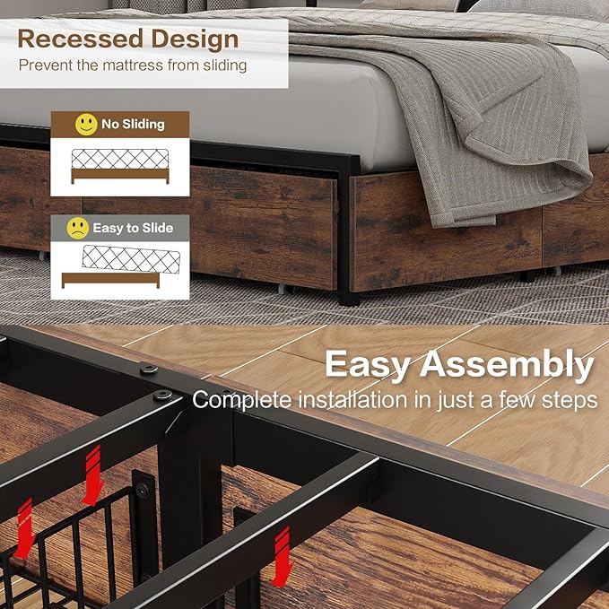 Queen Bed Frame with LED Headboard & Charging Ports, Rustic Wood Platform Bed Frame Queen Size with 6 Storage Drawers and Display Shelf, Heavy-Duty Metal Frame, No Box Spring Needed, Brown