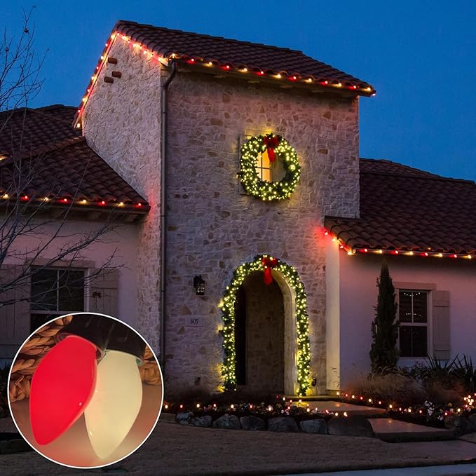 C7 Christmas String Lights 25 Feet Outdoor String Lights with 27 5W Red White Glass Bulbs(2 Spare), Connectable Hanging Christmas Lights for Backyard Patio Balcony Party Xmas Decor, Green Wire