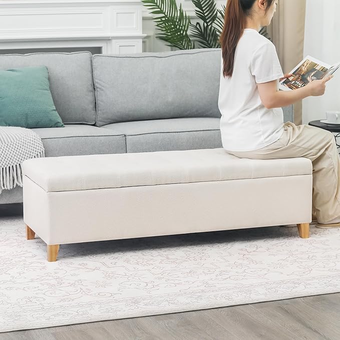 Joveco Storage Ottoman Bench, 51" Rectangle Long Bench, for Bedroom, End Foot of Bed, Living Room, Entryway, Beige