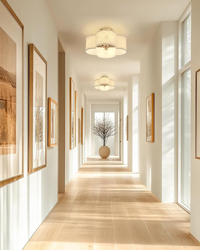 Gold Semi Flush Mount Ceiling Lights, 4-Light 14" Gold Light Fixtures Ceiling Mount with Fabric Shade in Quatrefoil Shape, Drum lighting fixture for Nursery Bedroom Kitchen, AD-22007-4SF-GD-B