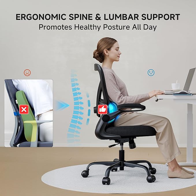 Office Chair with Adjustable Lumbar Support, Home Office Desk Chair with Flip-up Armrests, 330 lbs Mesh Computer Chair for Long Day Use, Black