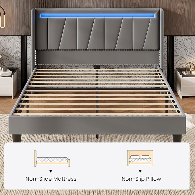 SHA CERLIN Queen Bed Frame with Charging Station and LED Lights, Modern Velvet Platform Bed with Upholstered Geometric Wingback Headboard, No Box Spring Needed, Easy Assembly, Grey