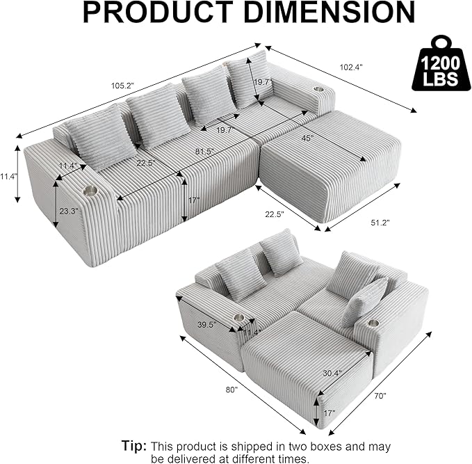 106" Modular Sectional Sofa, Modern Cloud L-Shape Couch with Ottoman Chaise, Comfy Deep Seat Chenille Boneless Couches for Living Room, No Assembly Required, Light Grey