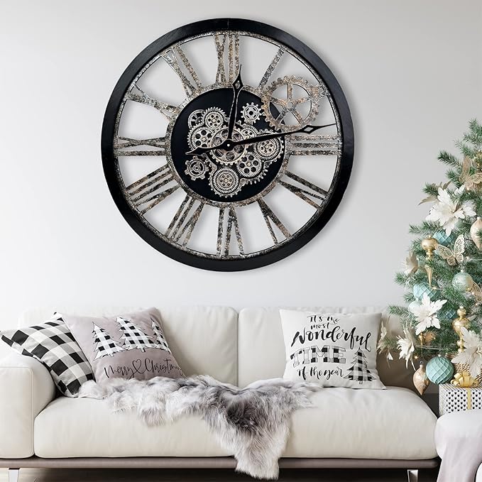 The B-Style Large Real Moving Gears Wall Clock 30 inch Rustic Retro Industrial Farmhouse Wood Clock Oversized Decorative Vintage Wall Clocks for Living Room (Black and Bronze)
