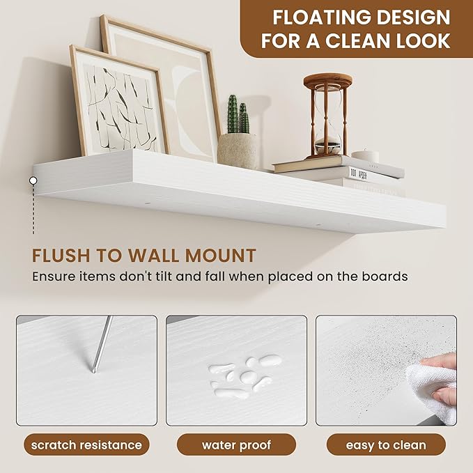 fuqing Floating Shelves for Wall, Wall Mounted Wood Floating Shelf with Invisible Brackets for Living Room, Bathroom, Bedroom, Kitchen Storage and Decor, 30 Inch Set of 2, White