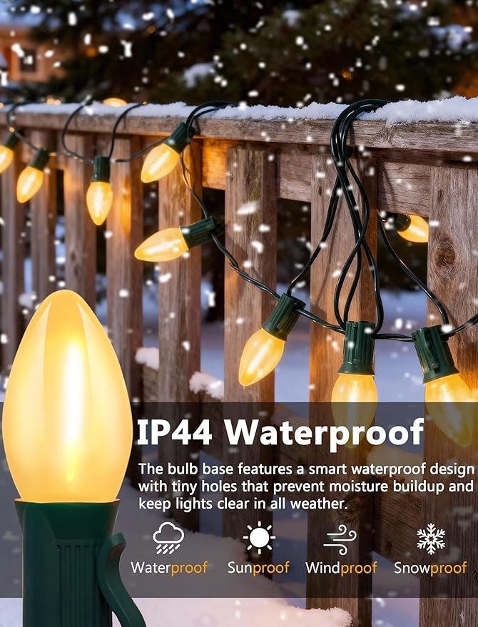 C7 LED Christmas Lights,25ft Frosted Christmas String Lights with 27 LED Frosted White Bulbs,Vintage Warm White Hanging Light for Outdoor Christmas Roofline Party Decorations