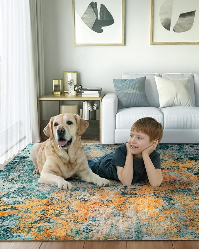 Washable Area Rug for Living Room: 5x7 Modern Abstract Neutral Soft Rug for Bedroom Dining Room No Slip Low Pile Carpet for Nursery Home Office - Teal/Orange