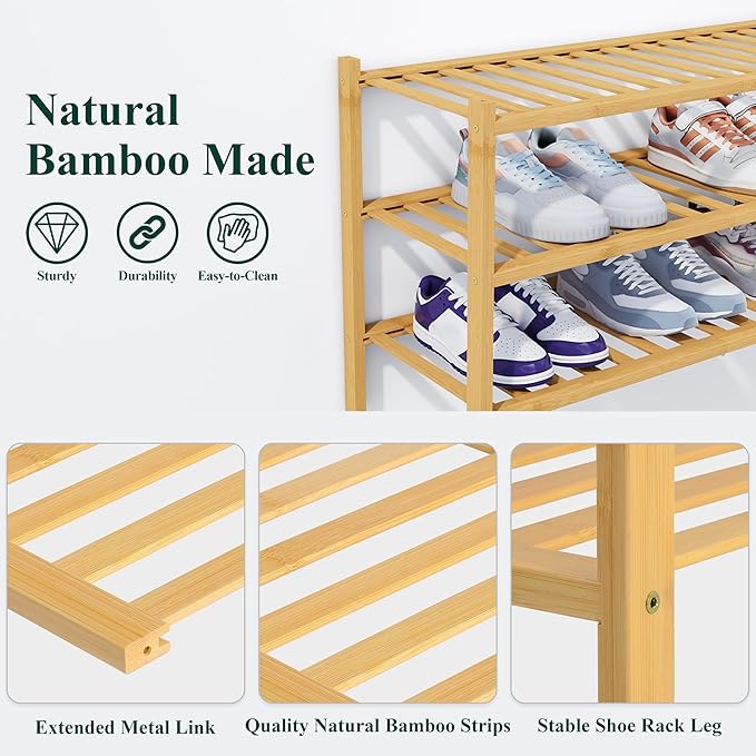 Smiry Shoe Rack, 6 Tier Thick Bamboo Shoe Organizer, Stackable Free Standing Wooden Shoe Storage Shelf for Closet, Entryway, Front Door Entrance, Natural