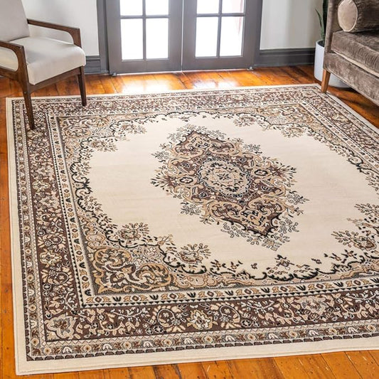 Unique Loom Reza Collection Traditional Persian Style Area Rug, Square 8' 0" x 8' 0", Ivory/Brown