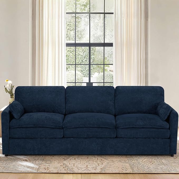89” Chenille Sofa w/Arm Pillows, Upholstered 3-Seater Sofa w/Comfortable Back Cushions, Modern 3 Seats Couch w/High-Density Foam for Living Room, Apartment, Office, Blue