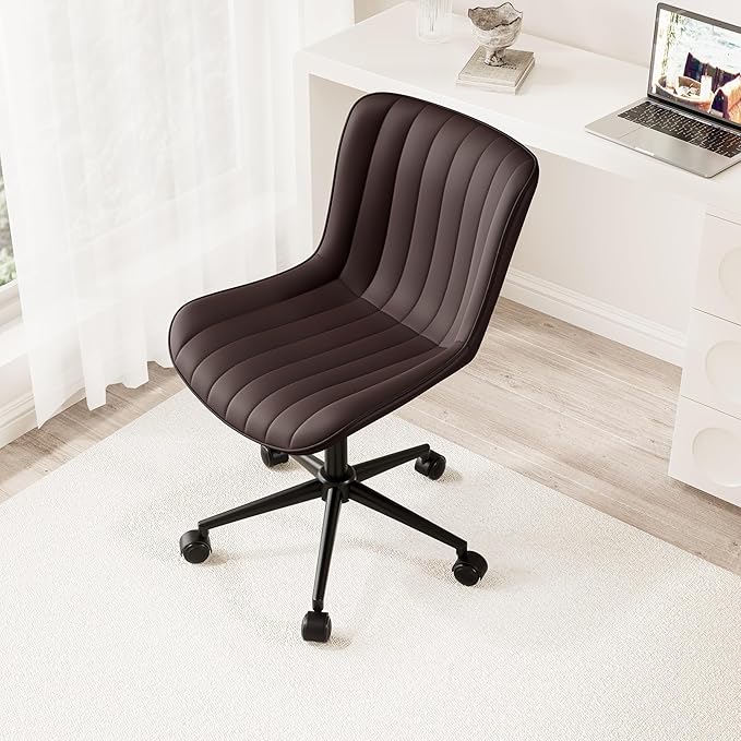 Kidol & Shellder Brown Leather Home Office Desk Chair with Wheels Modern Cute Armless Executive Swivel Vanity Chair with Comfy Padded Back Ergonomic Rolling Adjustable Computer Task Chair Small