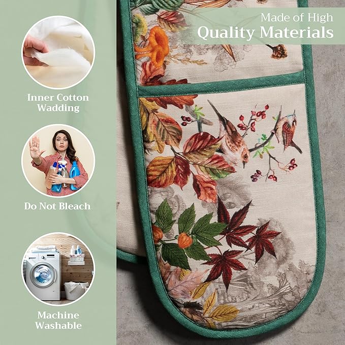 Maison d' Hermine Double Oven Mitt (7" x 35") 100% Cotton Heat Resistant BBQ Cooking Gloves with Loop for Thanksgiving Christmas Decorations Baking Cooking Barbeque Handling Hot Pan (Recolte)