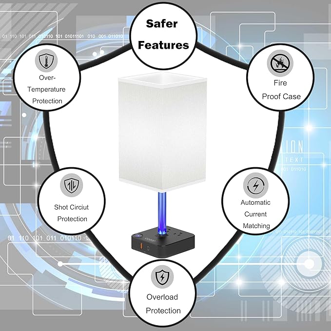 COZOO 3 Way Dimmable Touch Bedside Table Lamp with 2 USB Charging Ports 2 Outlets Power Strip,Black Charger Base White Fabric Shade,LED Desk Night Light for Bedroom/Nightstand/Living Room/College Dorm