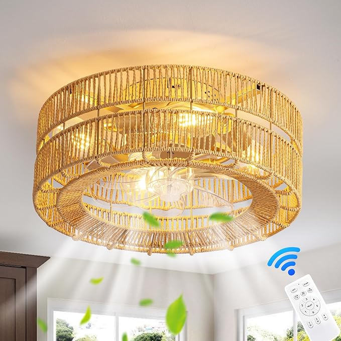 Boho Caged Ceiling Fan with Lights Flush Mount,17.7" Rattan fandelier Ceiling Fan with Remote Control,Layered Farmhouse Low Profile 6 Speeds for Bedroom,Living Room,Kitchen,Dining Room