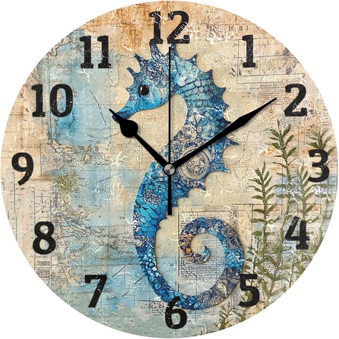 Wall Clock Ocean Map Seahorse Silent Non Ticking Wall Clock Decorative Battery Operated Wall Clocks for Home Kitchen Bedroom Living Room Office