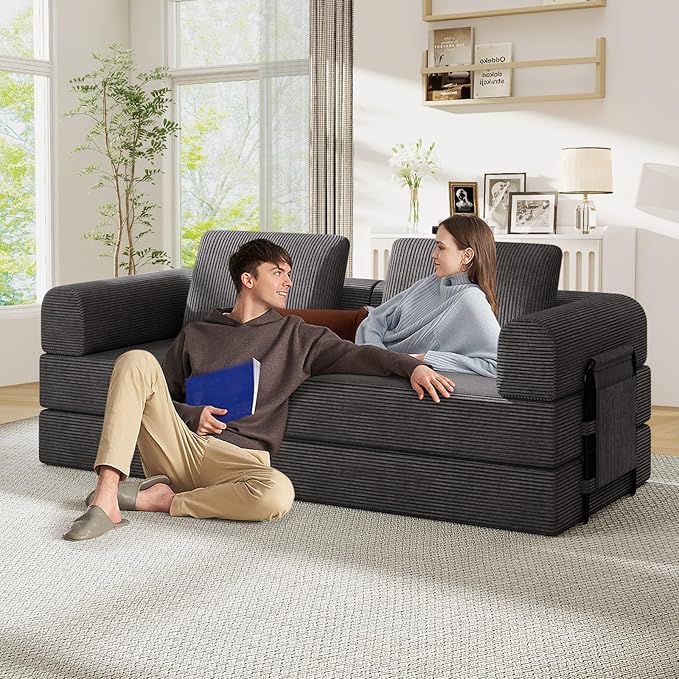 Antetek Convertible Sofa Bed, Comfy Corduroy Fluffy Love seat Sleeper Sofa, 5 in 1 Folding Couch Bed, Fold Out Floor Couch with Pillows for Bedroom, Living Room, Office, Pinstripe, Grey