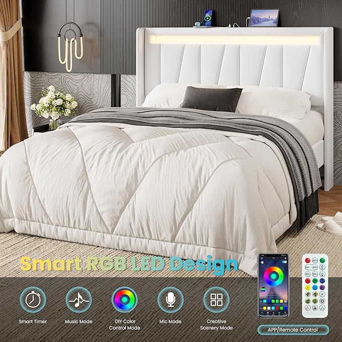 SHA CERLIN Full Size Bed Frame with Charging Station and LED Lights, Modern Velvet Platform Bed with Upholstered Geometric Wingback Headboard, No Box Spring Needed, Easy Assembly, White