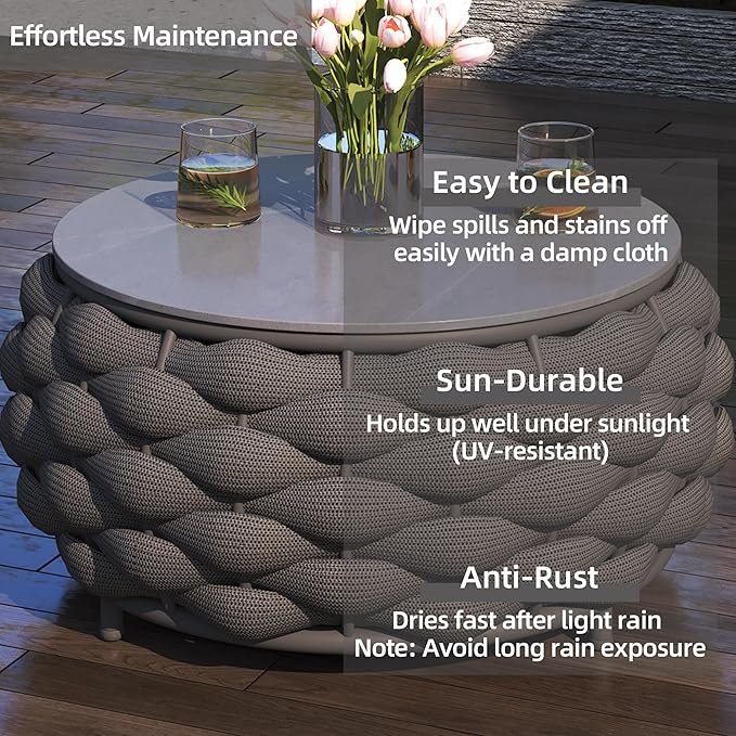 Round Coffee Table for Indoor & Outdoor Use, Aluminum Patio Furniture with Handwoven Ropes, Weather-Resistant for Garden, Terrace & Poolside (Black)