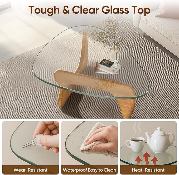 Triangle Glass Coffee Table with Solid Wood Base, 0.8'' Thick Clear Glass Top, 51'' Width Mid Century Modern Coffee Table for Living Room Bedroom Reception (Light Walnut)