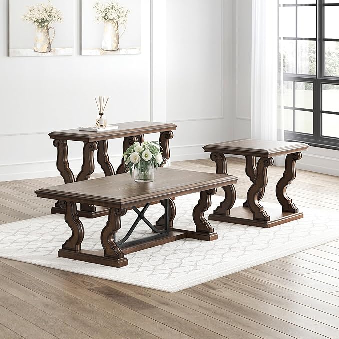 Signature Design by Ashley Maylee Classic Sofa Table with Open Shelf and Scroll Legs, Dark Brown