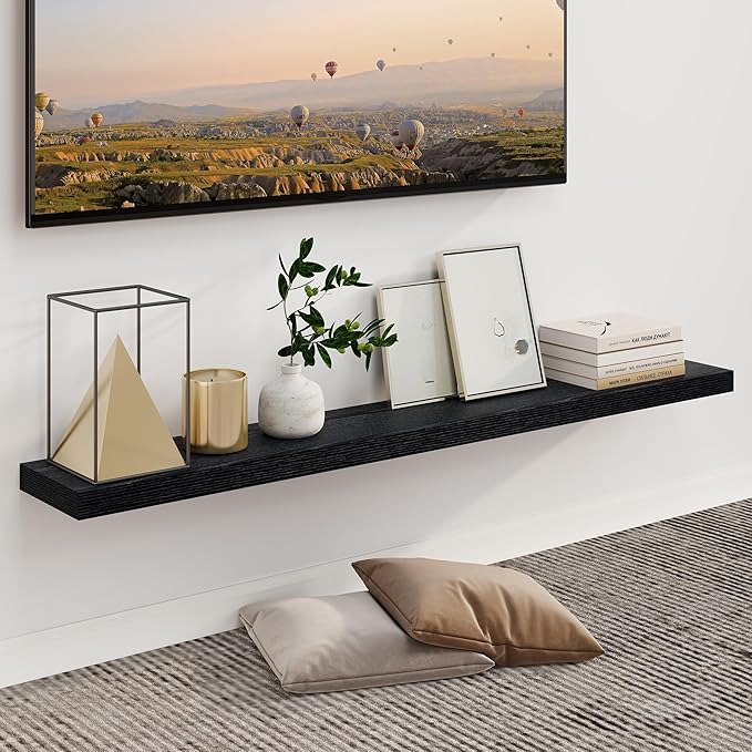 Fun Memories 55 Inch Fireplace Mantel Shelf -Long Floating Shelf, Wall Mounted Farmhouse Display Shelf with Invisible Heavy Duty Metal Bracket, Black