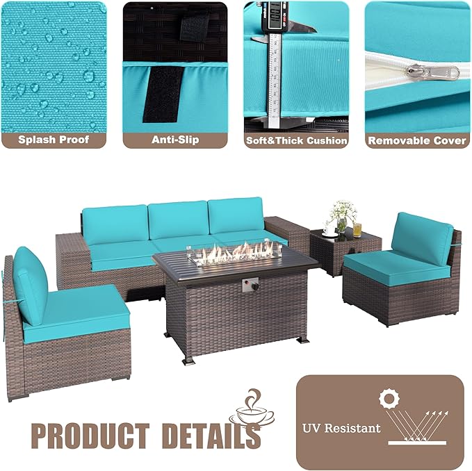 Kurapika 10 Pieces Patio Furniture Set, Rattan Wicker Outdoor Conversation Sets w/43in Propane Fire Pit Table, Swivel Rocking Chairs Patio Sectional Sofa w/4 Inch Cushion, Blue