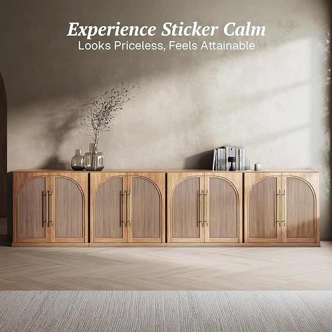 BELLEZE Set of 4 Modular Sideboard with Double-Arc Wood Doors, Small Arched Buffet Cabinet with Storage and Adjustable Shelves, Classic Modern Credenza for Dining Room, Living Room or Entryway(Camel)