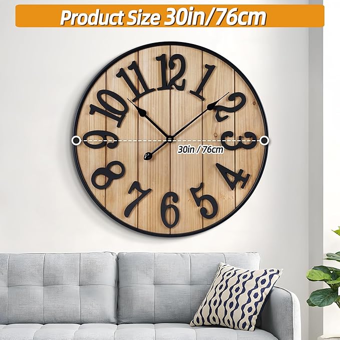 Large Wall Clock 30IN, Silent Metal Wood Style Wall Clocks Battery Operated for Living Room Decor, Farmhouse Big Wall Clock, Outdoor