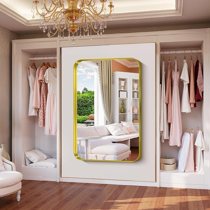 FORBATH 55x36 Inch Large Bathroom Mirror for Double Sinks, Brushed Gold Deep Frame Wall Mirror with Rounded Corners, Anti-Rust Tempered Glass for Modern Farmhouse Vanity (Horizontal/Vertical)