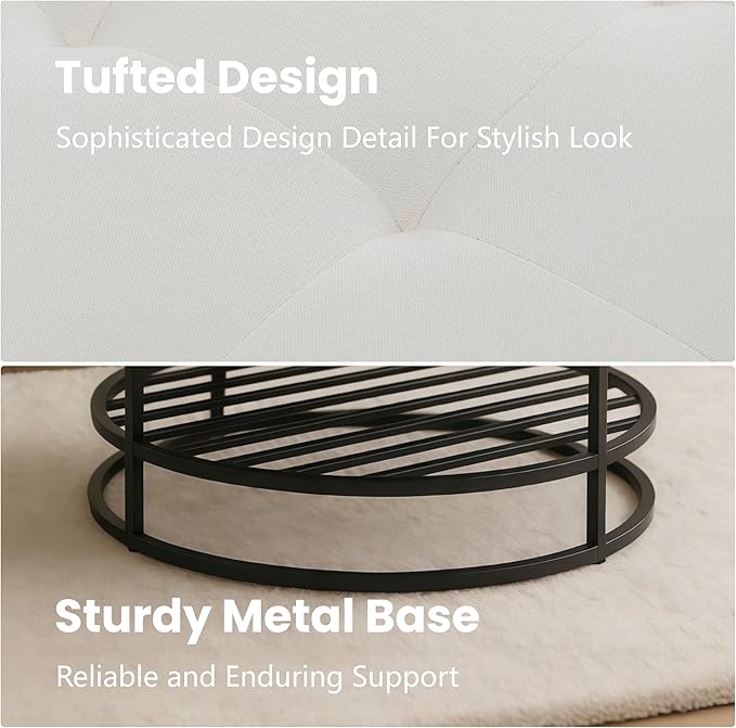 Ottoman Coffee Table with Upholstered Tufted Linen Fabric, Round Center Table with Storage Large Footrest Ottoman for Living Room Cream White