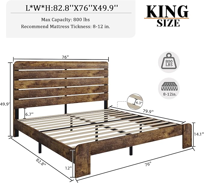 King Size Bed Frame with Wooden Headboard and Footboard, Rustic Platform Bedframe, Wood Slats Support, No Box Spring Needed, Under Bed Storage, Easy Assembly, Brown