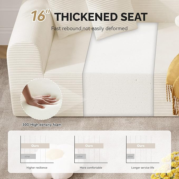 128" Oversized Modern Curved Sofa,Boneless Cloud Sectional Couch with Deep Seat,No Assembly Required Corduroy Couches for Living Room,Beige,1 PCS